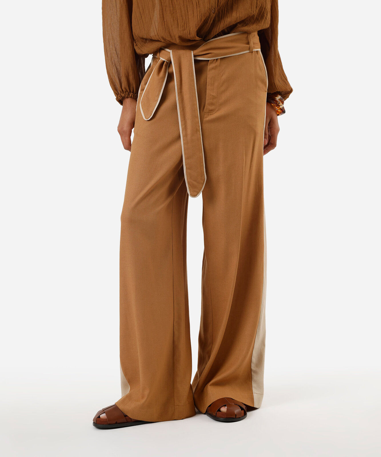 calça pantalona feminina com linho e faixa marrom