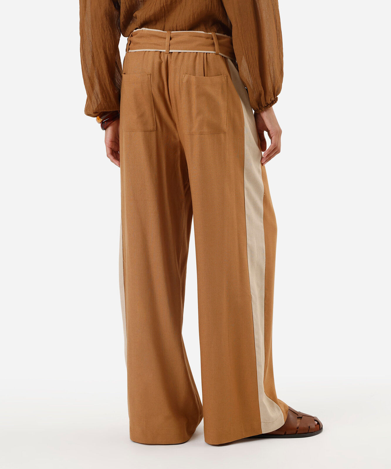 calça pantalona feminina com linho e faixa marrom
