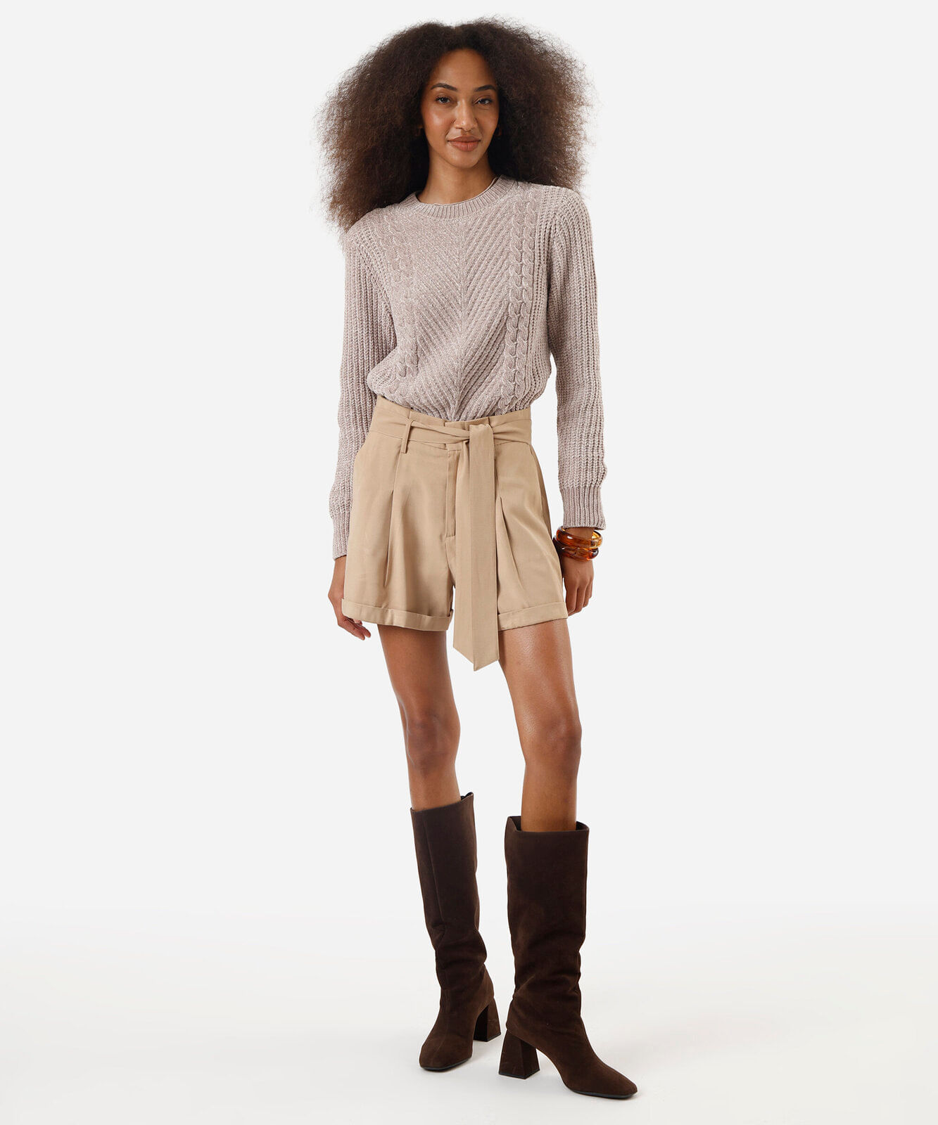suéter feminino de tricot chenille texturizado bege