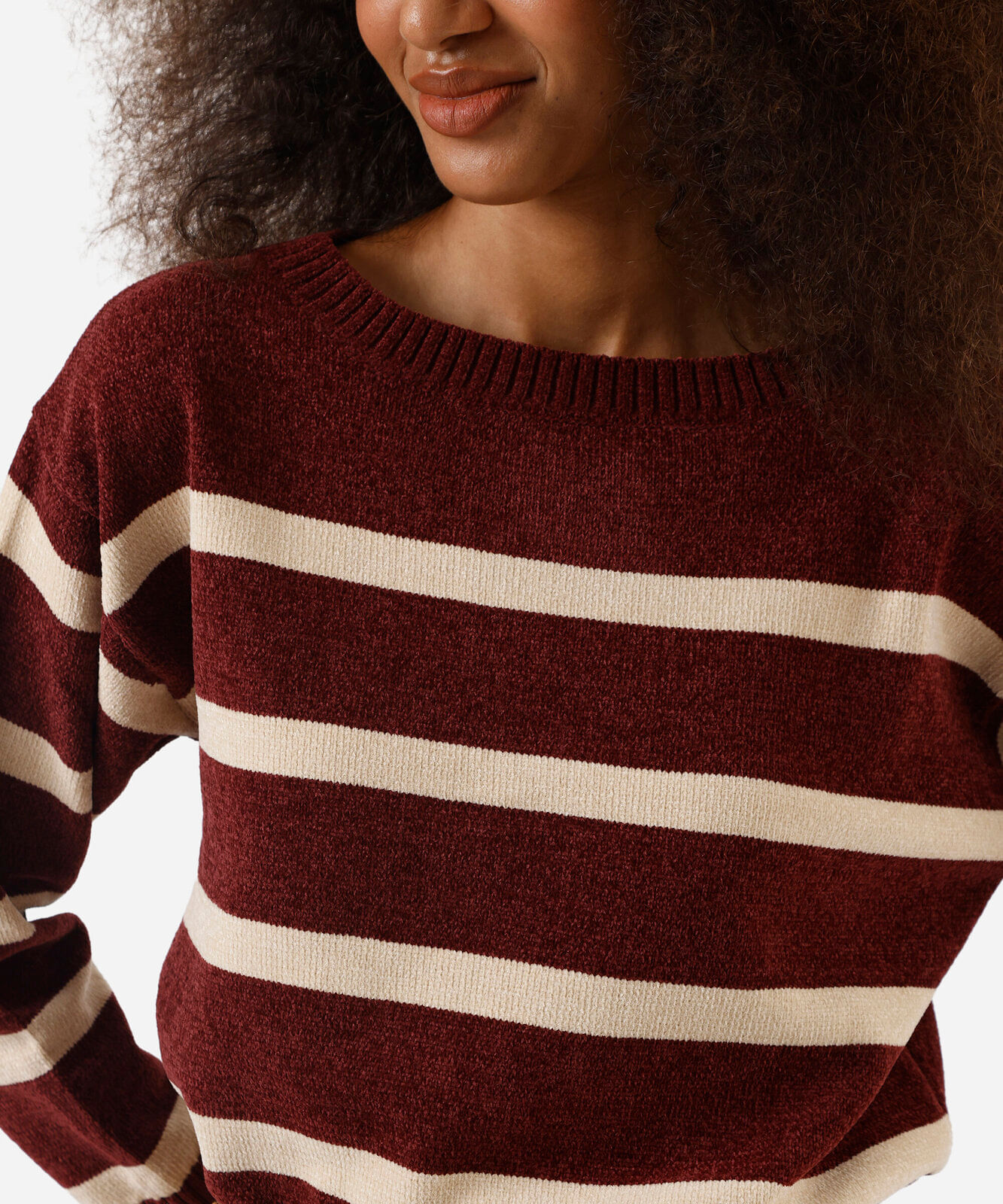 suéter feminino de tricot chenille listrado vinho