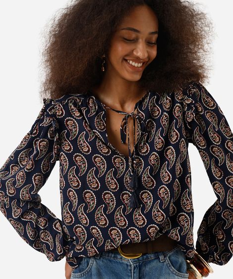 bata feminina de viscose com babados paisley azul