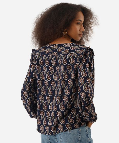 bata feminina de viscose com babados paisley azul