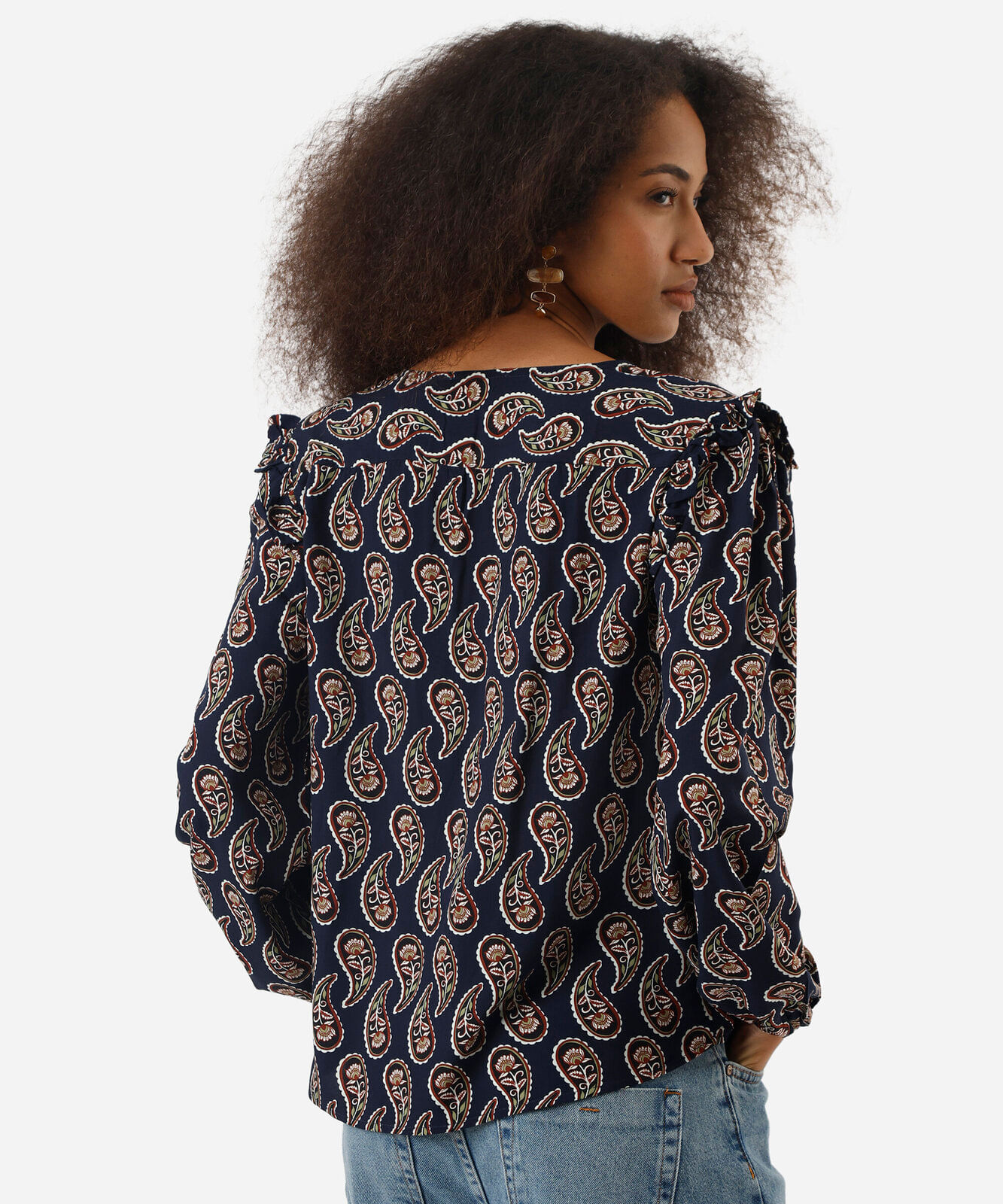bata feminina de viscose com babados paisley azul