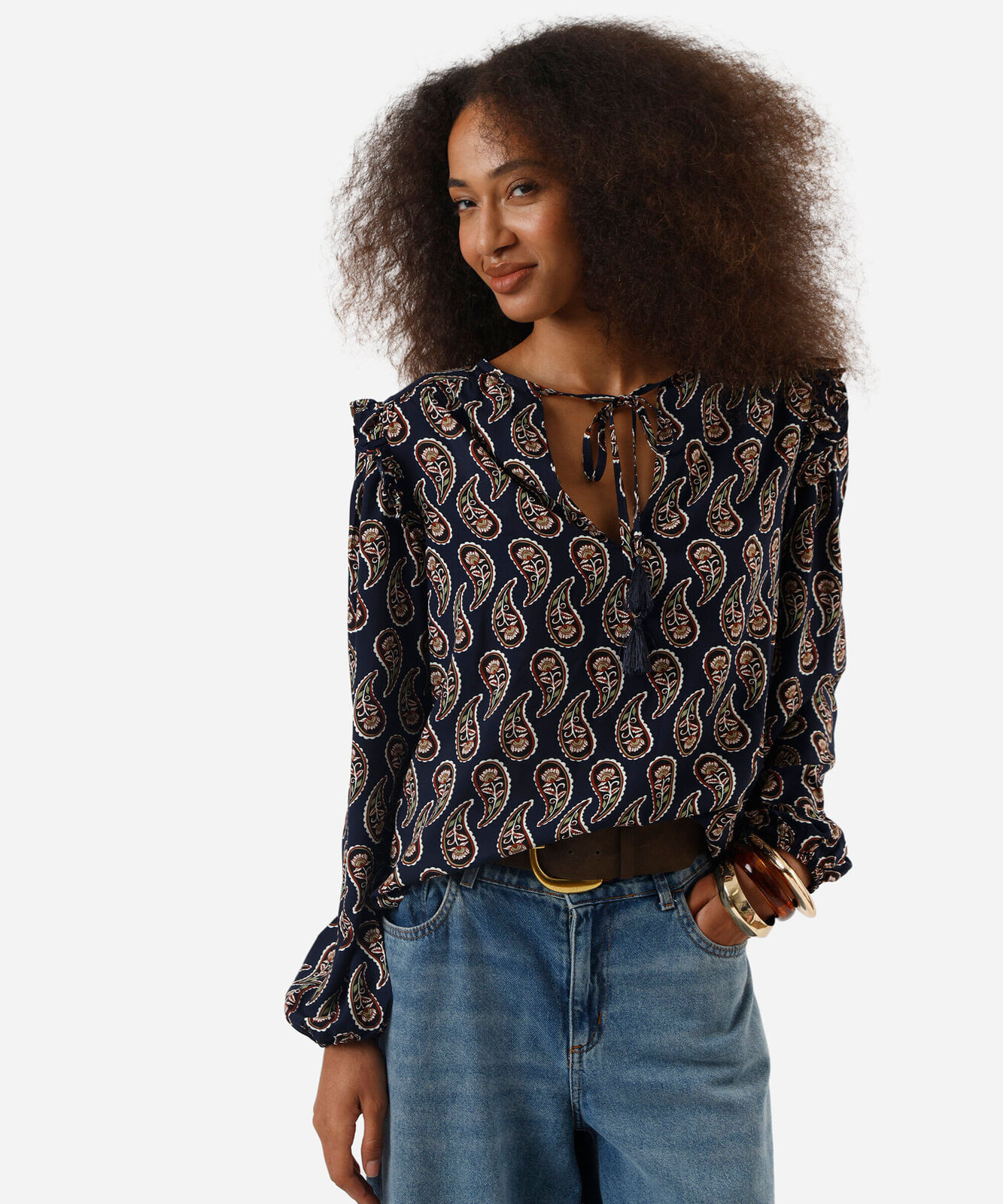 bata feminina de viscose com babados paisley azul