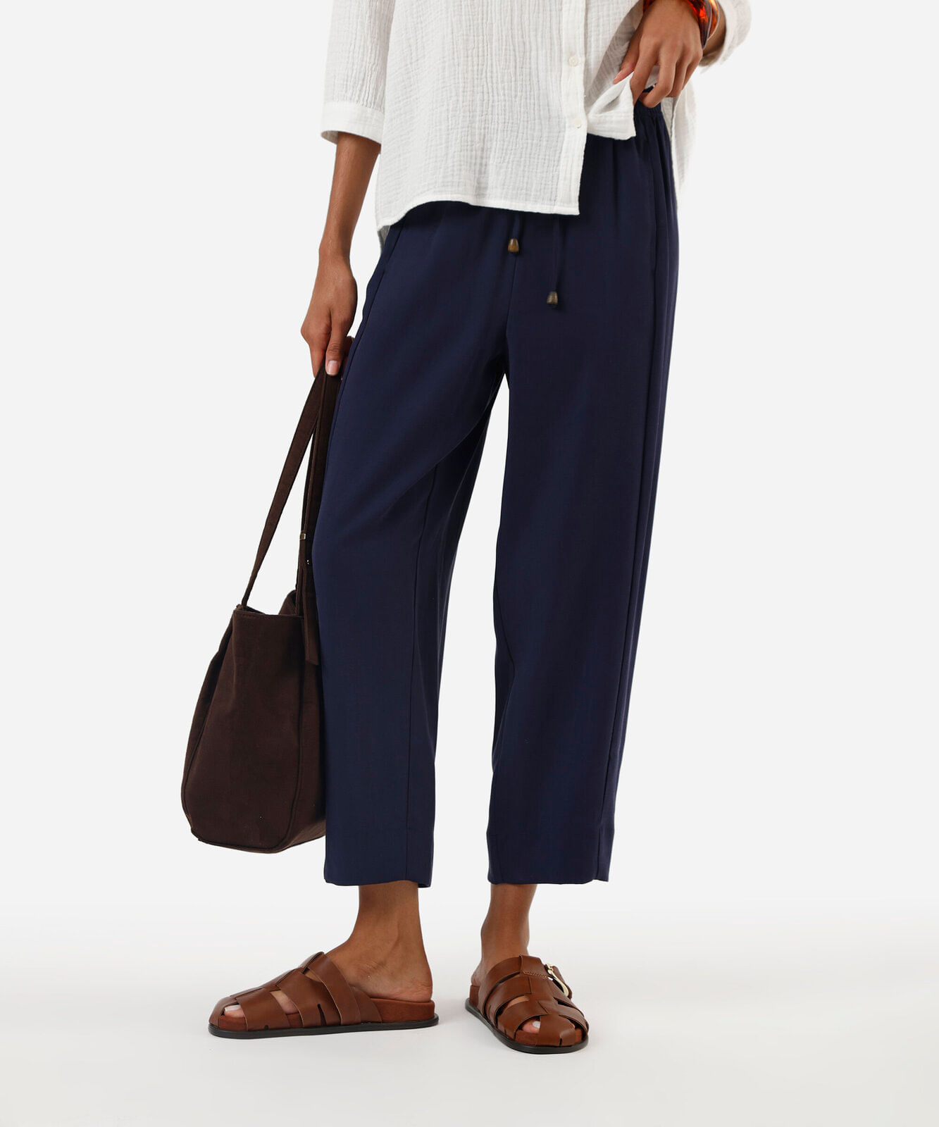 calça carrot feminina com viscose cós elástico azul