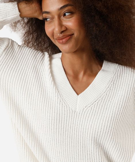 suéter feminino de tricot decote V off white