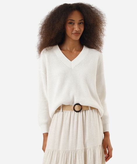 suéter feminino de tricot decote V off white