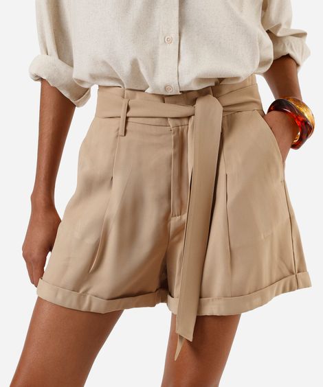 short reto feminino com viscose e faixa marrom
