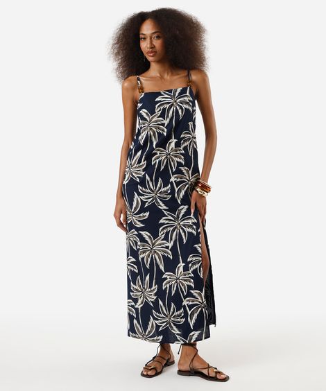 vestido feminino com linho jardim das palmeiras azul