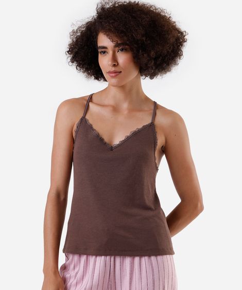 regata de pijama avulsa feminina com renda  marrom