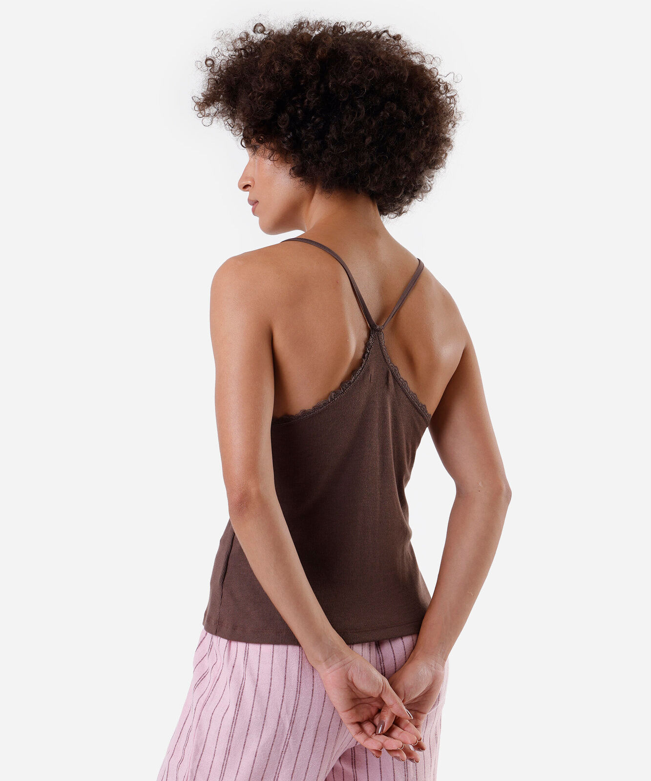 regata de pijama avulsa feminina com renda  marrom