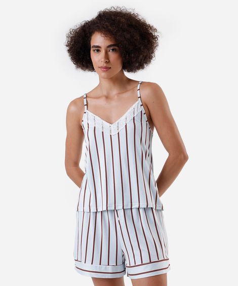 pijama short doll feminino com renda listrado azul