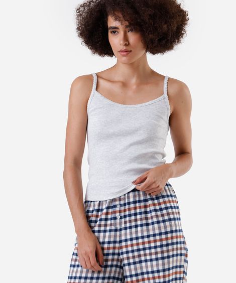 regata de pijama feminina com algodão alça fina canelada cinza