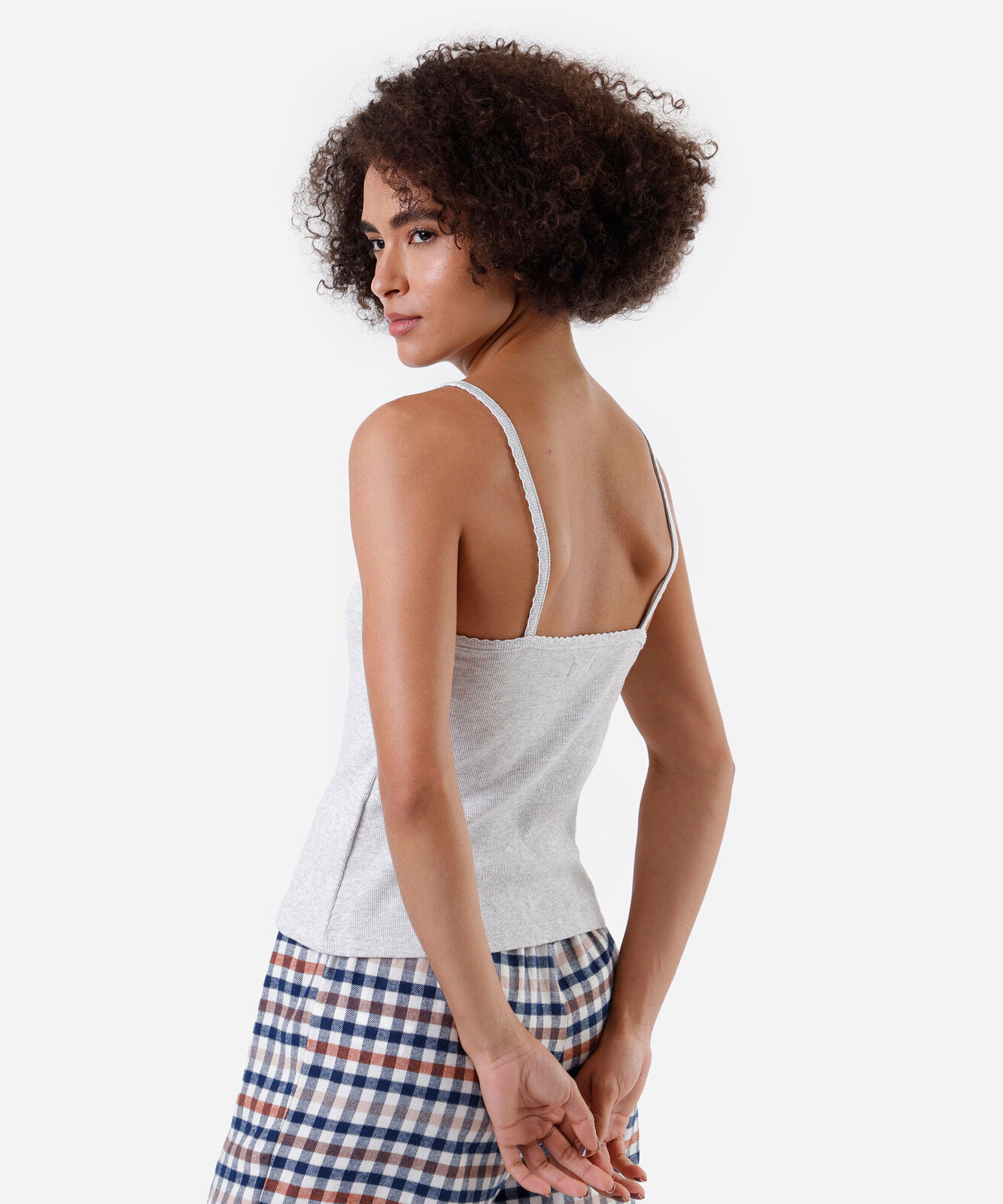 regata de pijama feminina com algodão alça fina canelada cinza