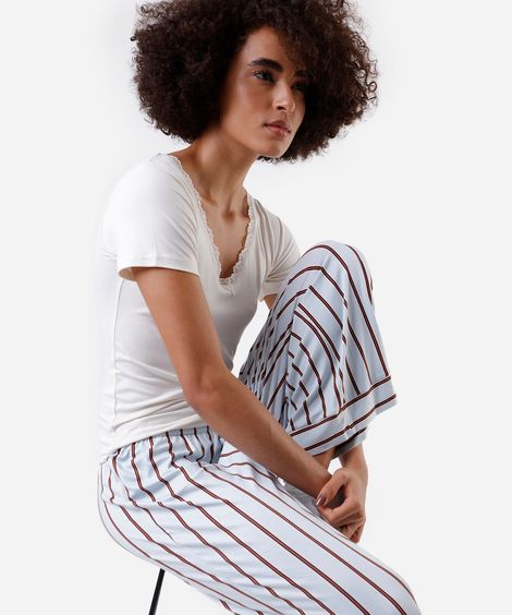 pijama longo feminino com renda listrado azul