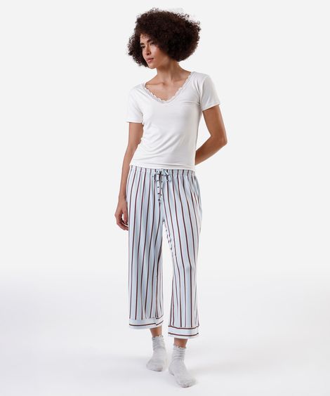 pijama longo feminino com renda listrado azul