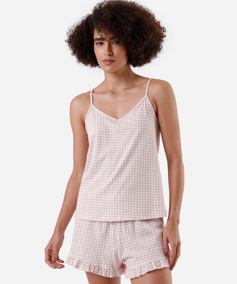 pijama short doll feminino de algodão xadrez rosa