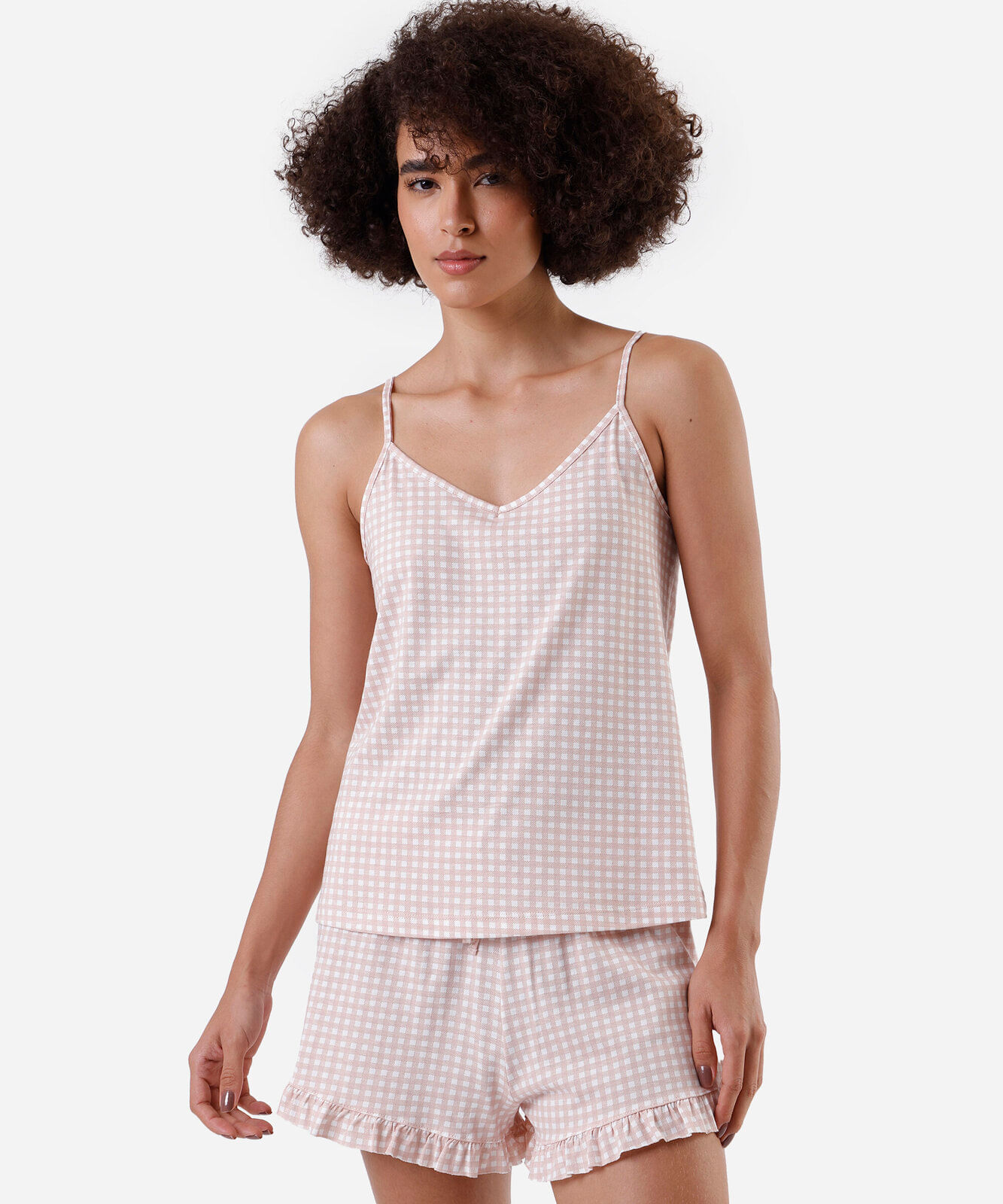 pijama short doll feminino de algodão xadrez rosa