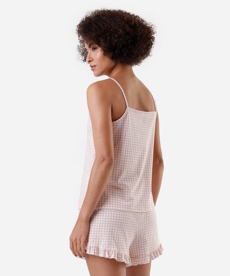 pijama short doll feminino de algodão xadrez rosa