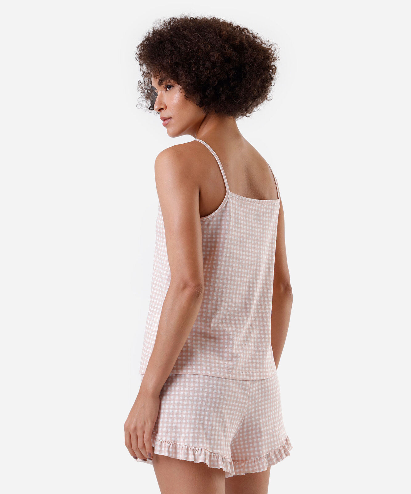 pijama short doll feminino de algodão xadrez rosa