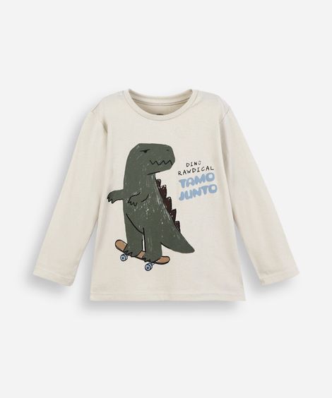 blusa infantil de algodão manga longa dinossauro bege