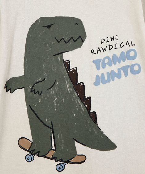 blusa infantil de algodão manga longa dinossauro bege