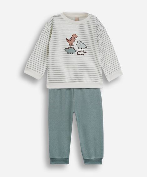conjunto longo infantil de moletom dino listrado verde