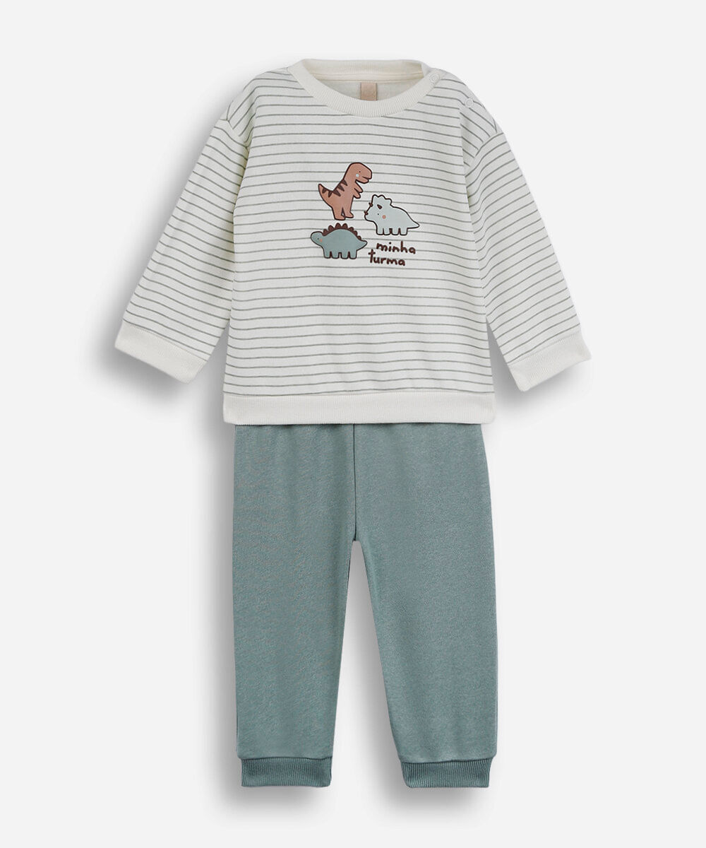 conjunto longo infantil de moletom dino listrado verde