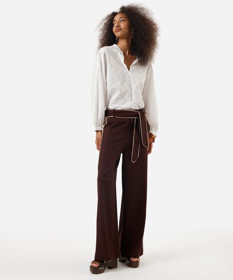 calça pantalona feminina com linho e faixa marrom