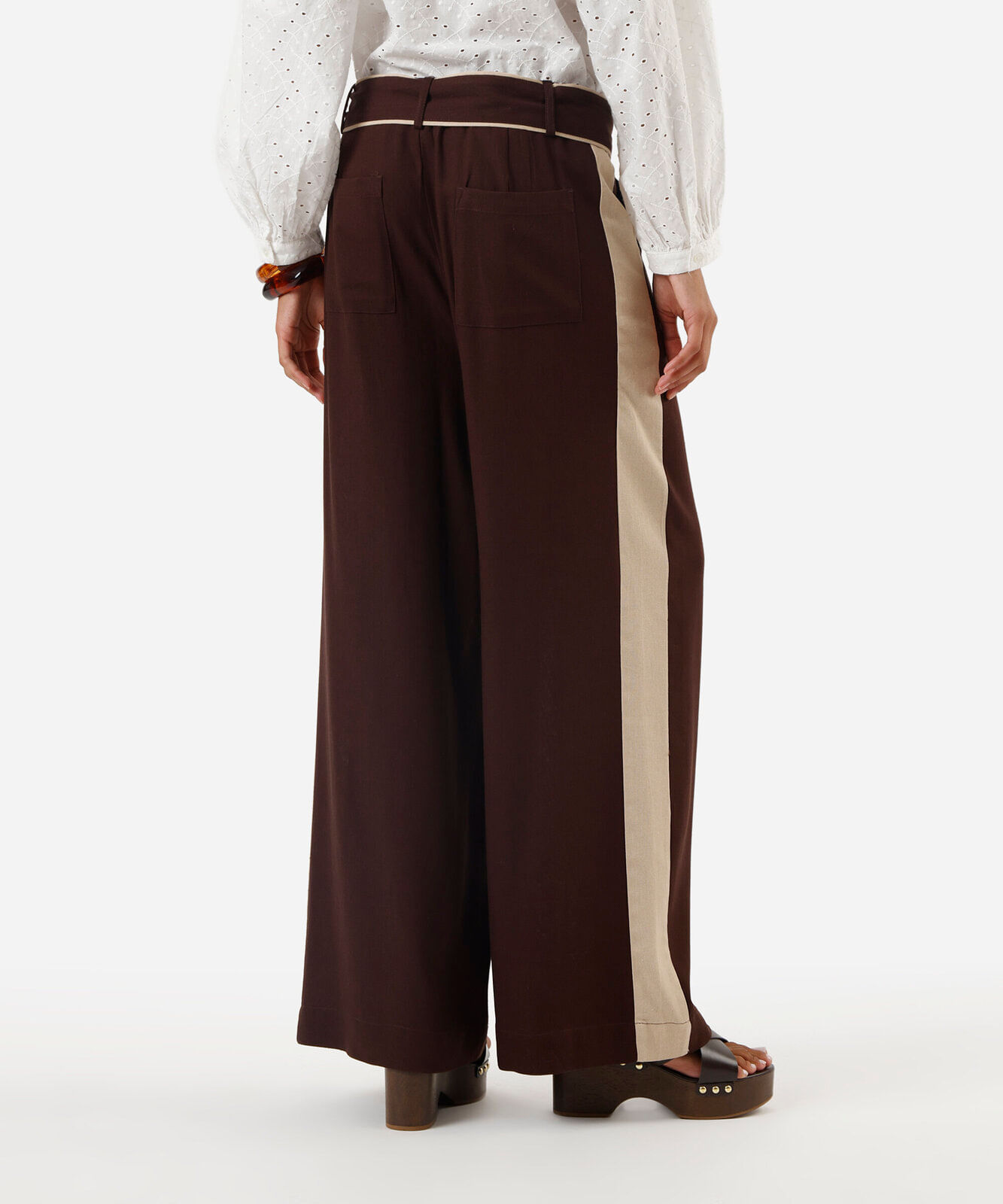 calça pantalona feminina com linho e faixa marrom