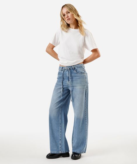 calça oversized feminina jeans destroyed com faixa azul