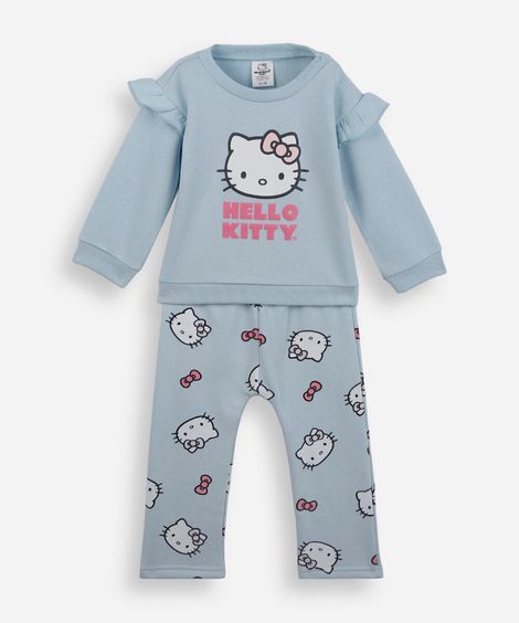 conjunto longo infantil de moletom hello kitty azul