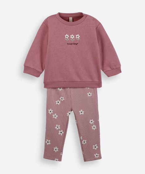 conjunto longo infantil de moletom sweet days floral rosa