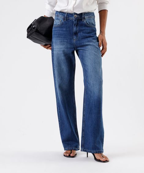 calça wide leg slim feminina jeans cintura alta azul