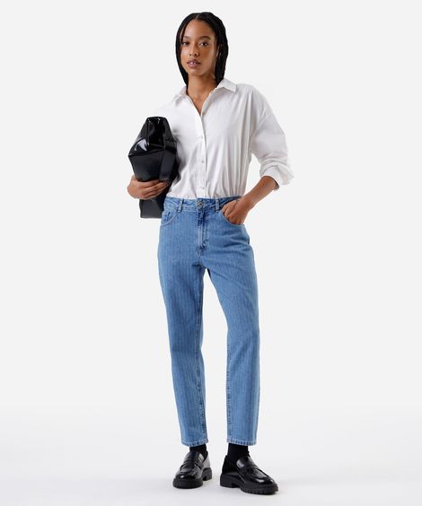 calça mom feminina jeans cintura alta listrada azul