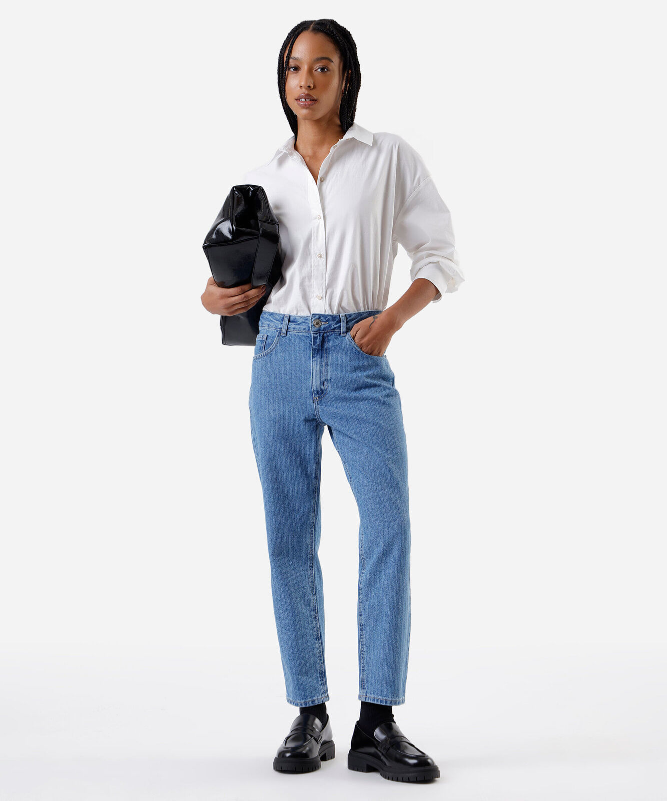calça mom feminina jeans cintura alta listrada azul