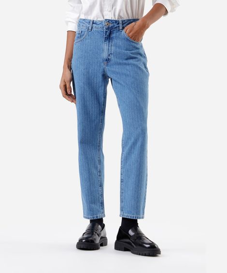 calça mom feminina jeans cintura alta listrada azul