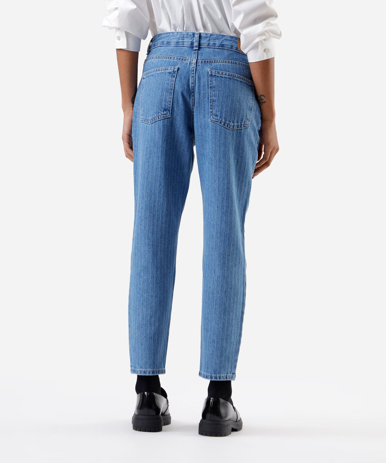 calça mom feminina jeans cintura alta listrada azul
