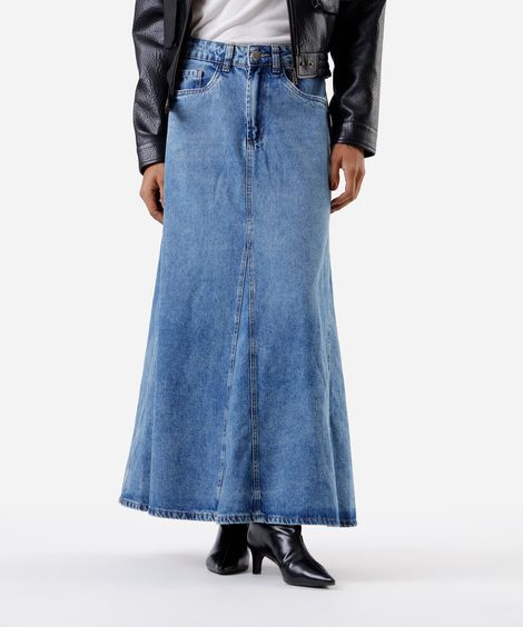 saia longa feminina jeans com recorte cintura alta azul