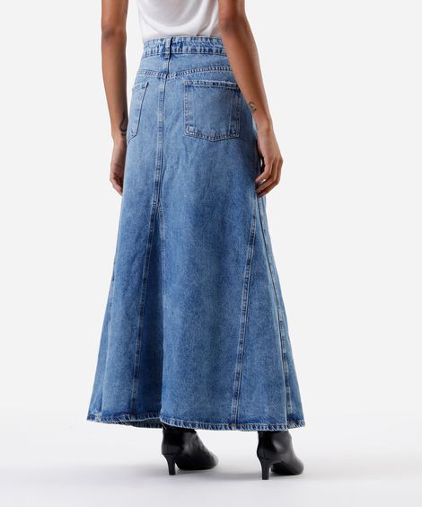 saia longa feminina jeans com recorte cintura alta azul