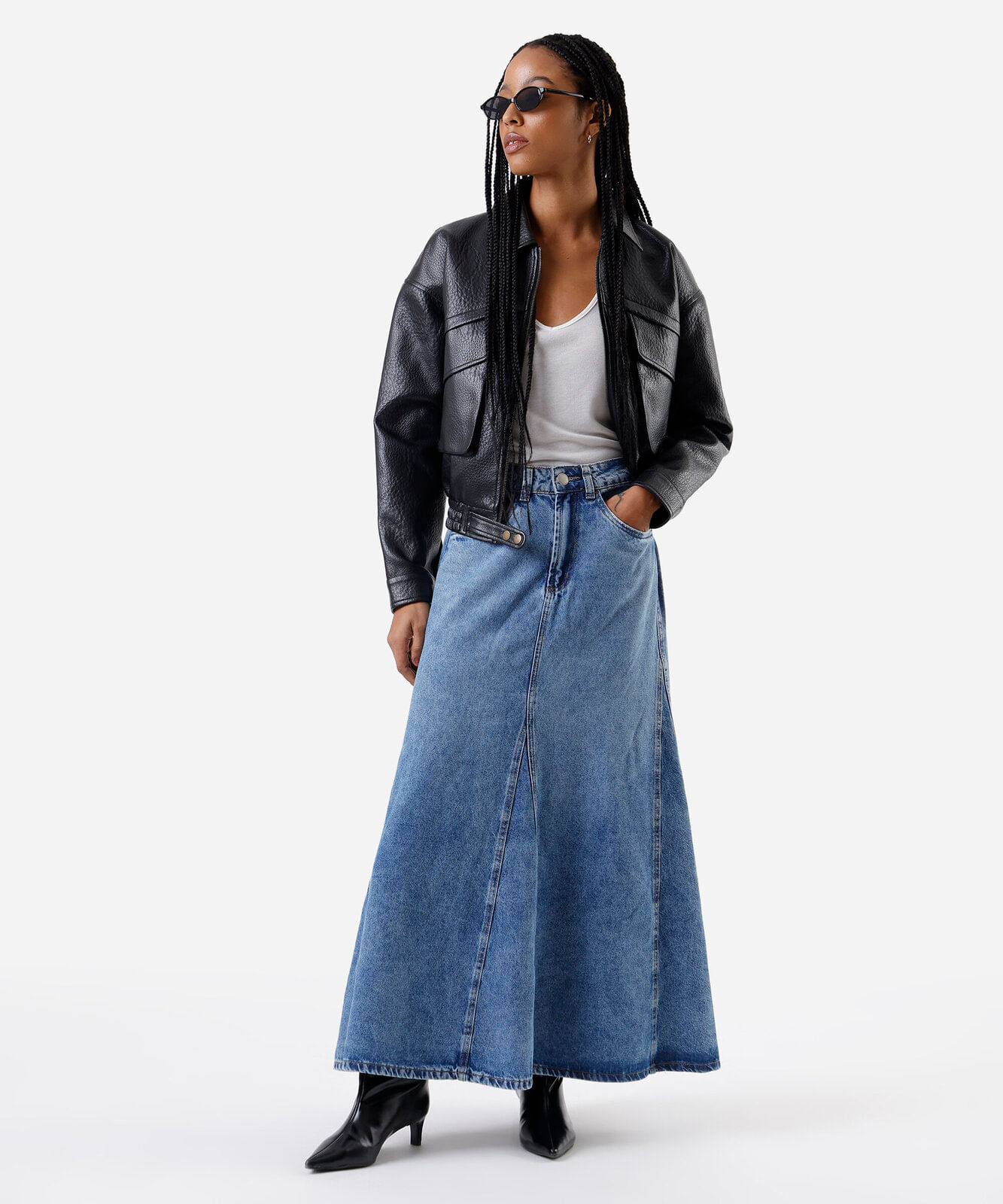 saia longa feminina jeans com recorte cintura alta azul