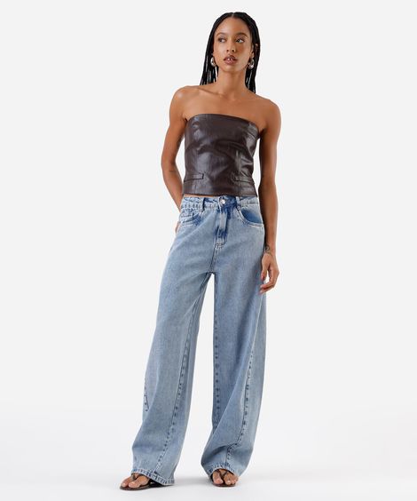 calça barrel feminina jeans com recorte sawary azul