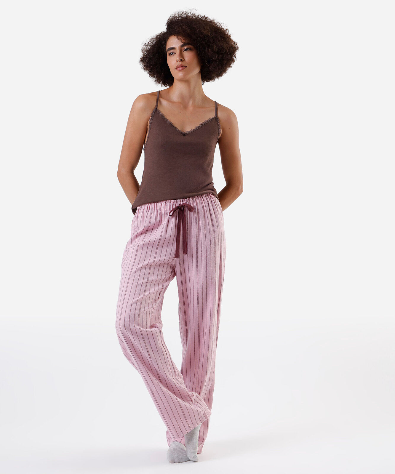 calça de pijama avulsa feminina em algodão listrada rosa
