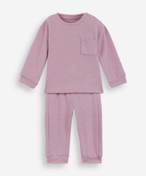 conjunto infantil longo de moletom canelado lilás