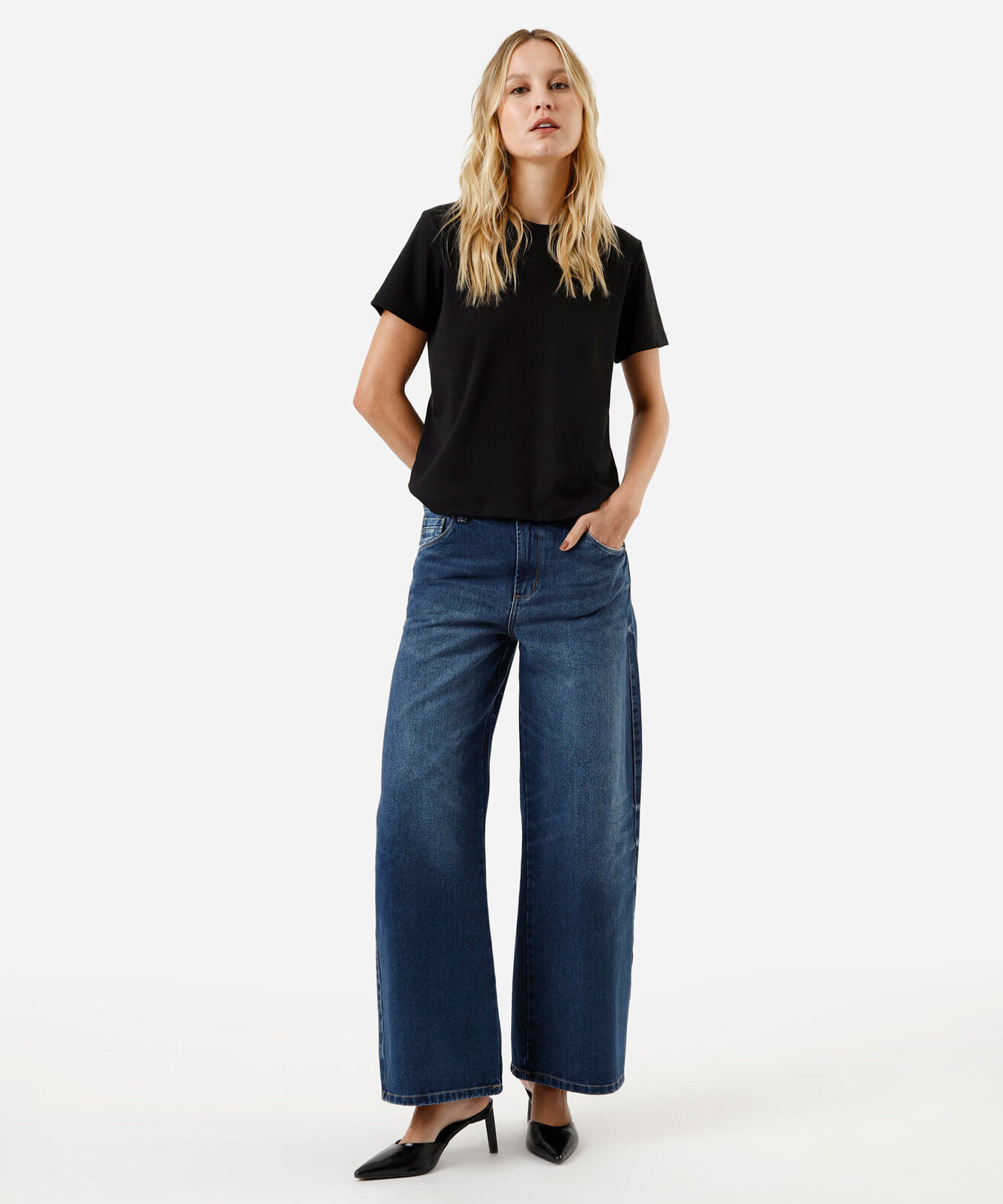 calça wide leg feminina jeans cintura baixa azul
