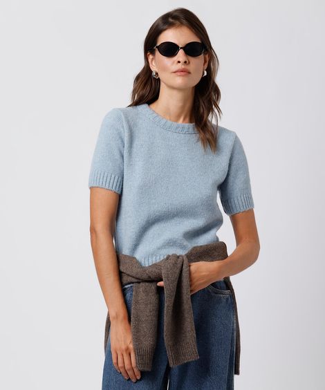 blusa feminina de tricot manga curta mindset azul