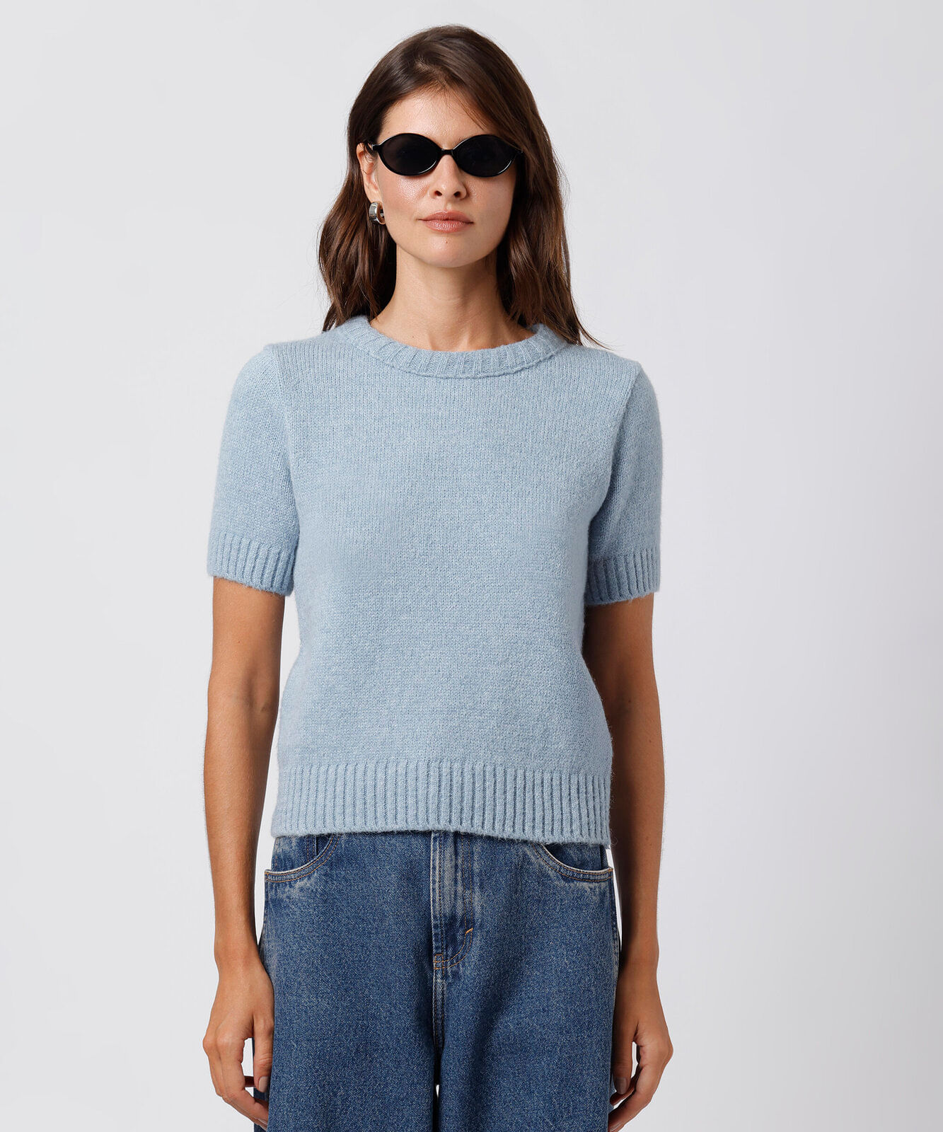 blusa feminina de tricot manga curta mindset azul