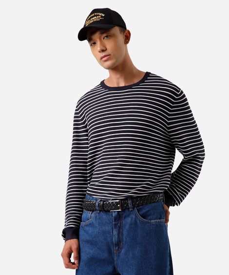 camiseta masculina de tricot manga longa listrada azul