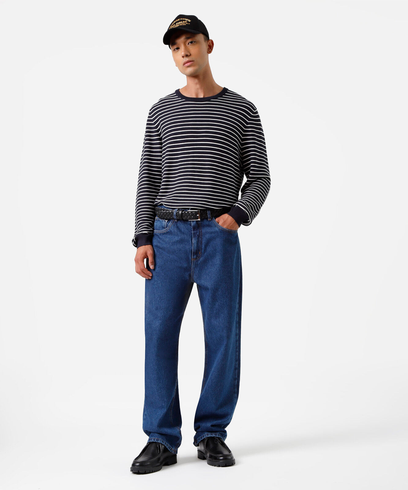 camiseta masculina de tricot manga longa listrada azul