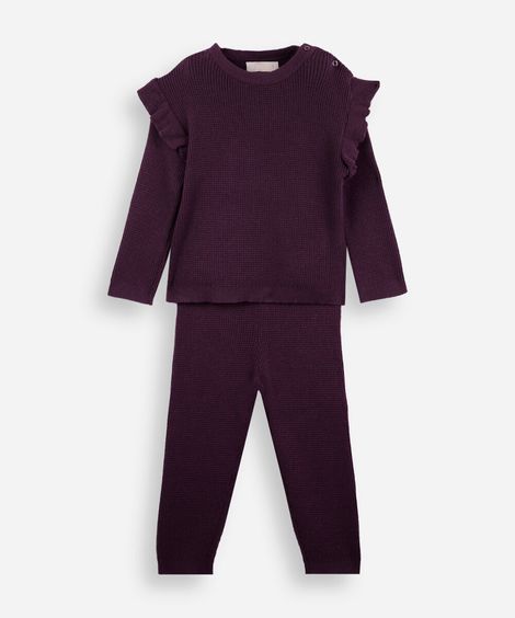 conjunto longo infantil com babado texturizado vinho